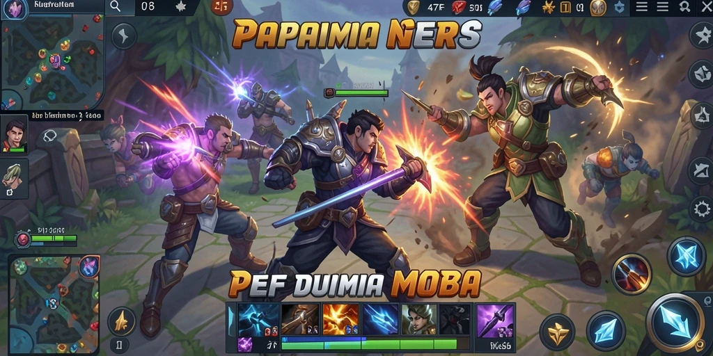 Screenshot gameplay seru dengan aksi karakter MOBA.
