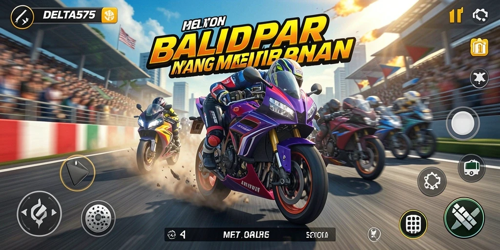 Gameplay seru dalam DELTA575 dengan balapan motor menantang.