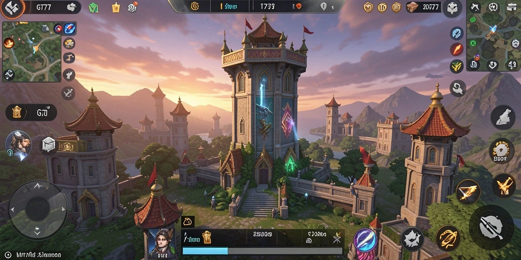 Tangkapan layar gameplay GT777 menunjukkan benteng menara yang kokoh dan serangan musuh yang intens.