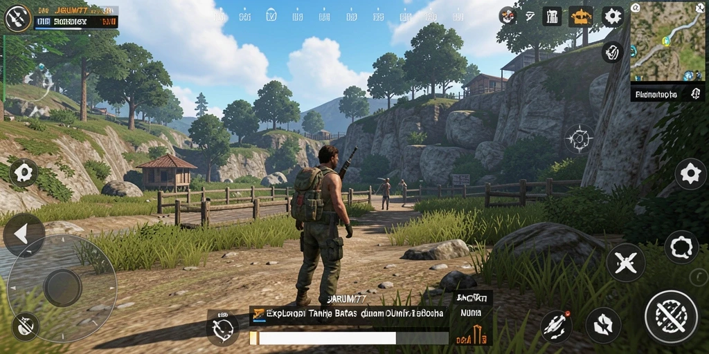 Gameplay JARUM77 dalam dunia terbuka yang luas dan seru.