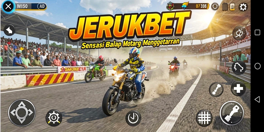 Gameplay JERUKBET yang mendebarkan dengan balapan motor yang seru.