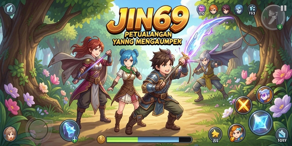 Screenshot gameplay JIN69 menunjukkan pertarungan seru dan karakter menarik.