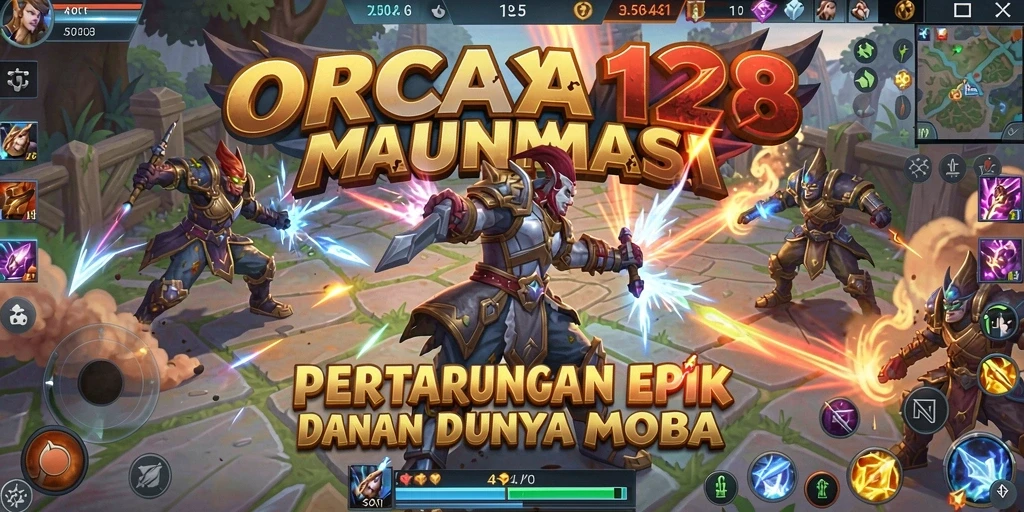 Tangkapan layar utama ORCA128 menampilkan aksi pertarungan seru dalam permainan MOBA.