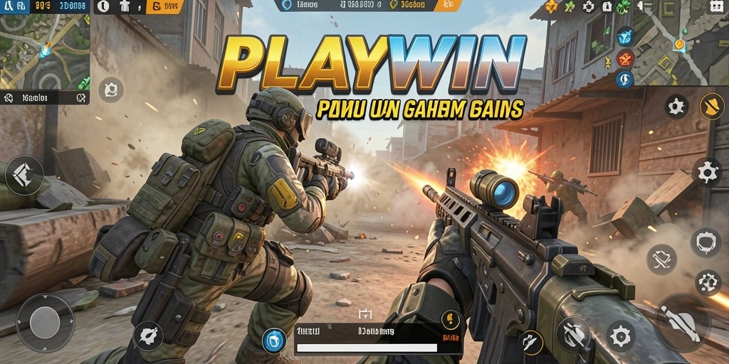 Screenshot utama PLAYWIN menampilkan aksi seru game TPS.