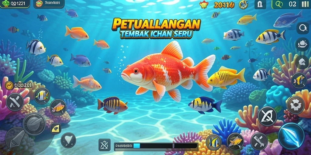 Tampilan gameplay seru di QQ1221 dengan berbagai ikan.