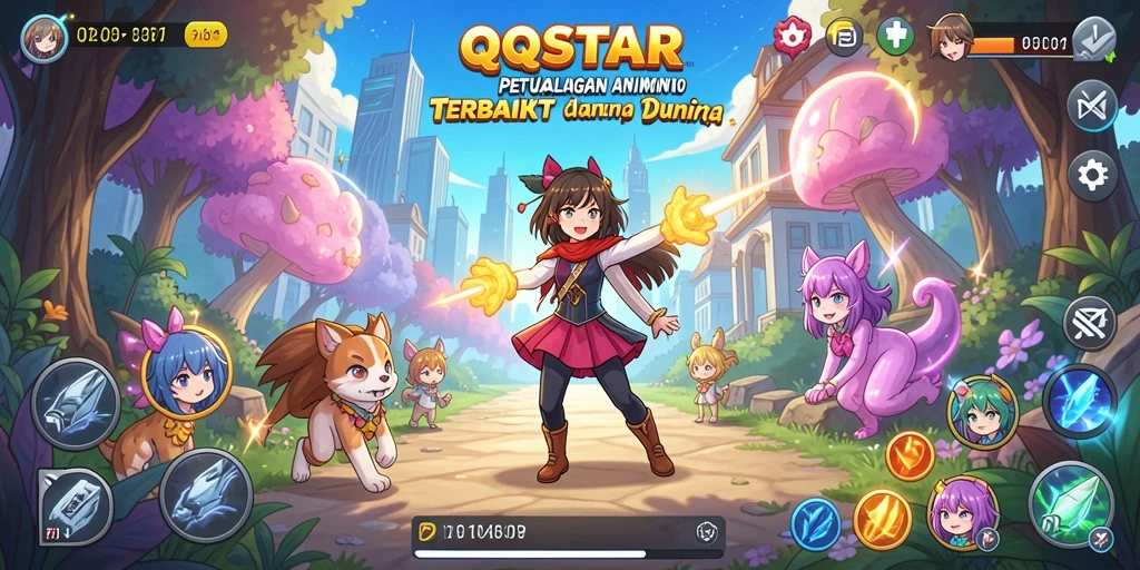 Tangkapan layar gameplay QQSTAR menampilkan karakter anime beraksi.