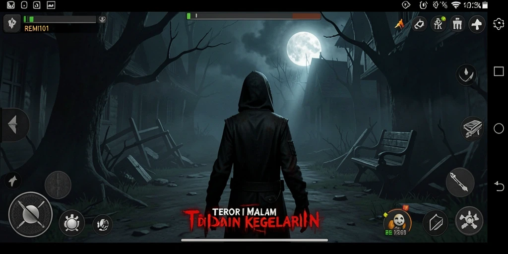 Tampilan gameplay menakutkan dalam dunia gelap dan misterius.